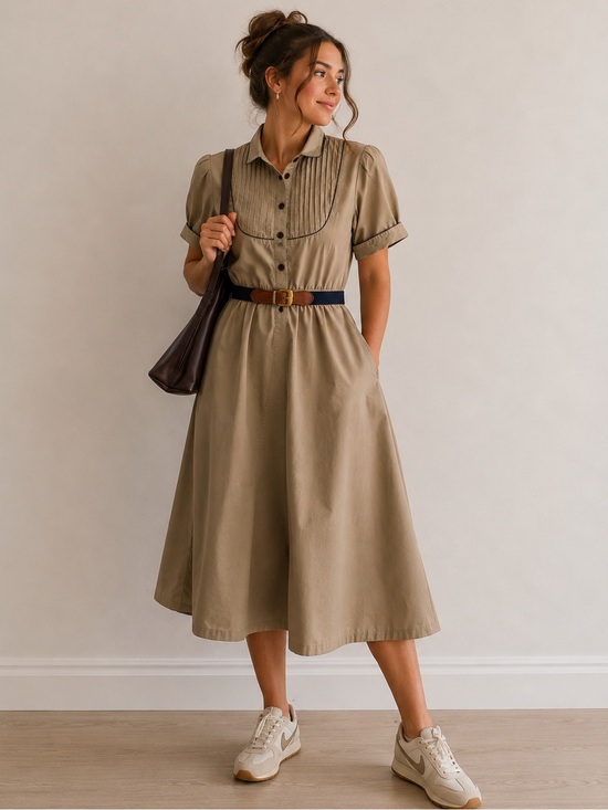 Millicent California Dresses & Skirts - Vintage Millicent California Khaki Shirt Dress Pintuck Bib Puff Sleeve